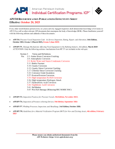 API 510 Exam Publications Effectivity Sheet