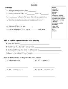 Chapter 7 Algebra Test: Expressions, Equations, Inequalities