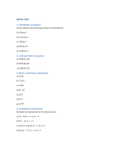 Math Test: Divisibility, LCM, HCF, Roots, Powers, Substitution, Simplification, Expansion, Equations