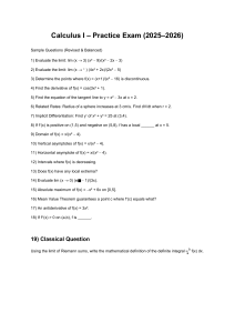 Calculus I Practice Exam Sample Questions