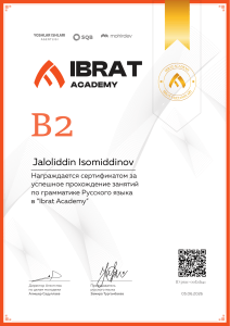 Сертификат B2 по русскому языку от Ibrat Academy