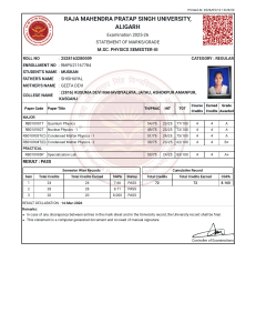 M.Sc. Physics Semester III Mark Sheet - Raja Mahendra Pratap Singh University