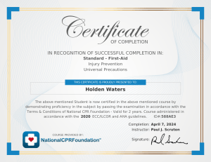 First-Aid Certification Course Completion Certificate