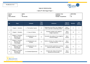 Maths PT Stage 8 Paper 1 Table of Specification