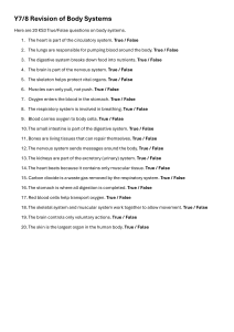 Y7/8 Body Systems Revision Worksheet