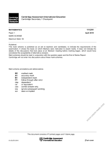 Cambridge Secondary 1 Checkpoint Maths Mark Scheme 2019