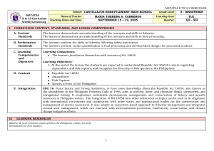 Grade 8 TLE Weekly Lesson Log: Fisheries & RA 10654