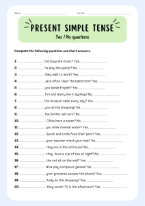 Present Simple Tense Yes/No Questions Worksheet