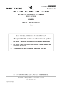 CXC Biology Exam Paper 2011: General Proficiency