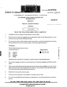 CXC Biology Exam Paper 01 General Proficiency 2005