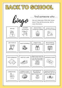 Back To School Bingo Card