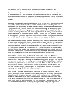 Compare Leadership Styles: Autocratic, Democratic, Laissez-Faire