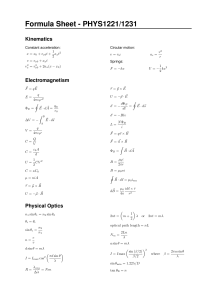 PHYS1221/1231 Physics Formula Sheet