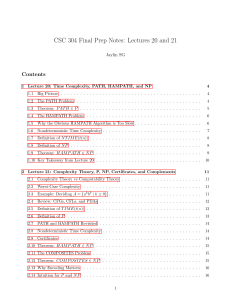 CSC 304 Final Prep Notes: Lectures 20-21 on Complexity Theory
