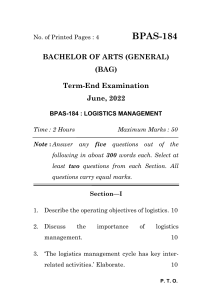 BPAS-184 Logistics Management Exam June 2022