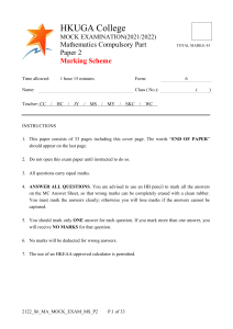 HKUGA College Mathematics Mock Exam Paper 2 Marking Scheme 2021/2022