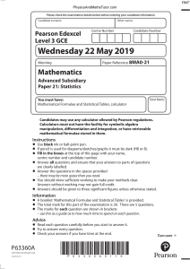 Edexcel GCE Maths Statistics Paper 21 2019 Exam