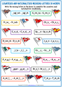 Countries and Nationalities Missing Letters Worksheet