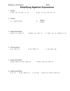 Simplifying Algebraic Expressions Worksheet