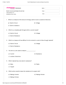 Electric Current and Simple Circuits Test Worksheet