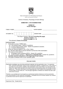 ANHB1101 Human Biology I Exam, UWA 2012