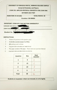 CHEM 251 Applied Physical Chemistry Test October 2025