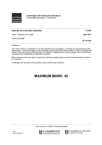 Cambridge Secondary 1 Checkpoint ESL Mark Scheme 2017