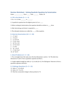 Revision Worksheet: Solving Quadratic Equations by Factorisation