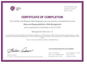 Certificate of Completion: Roles and Responsibilities in Risk Management