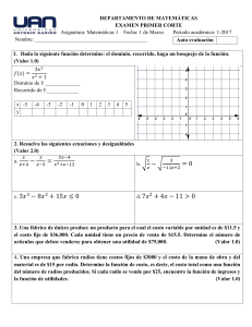 Examen Primer Corte Matem&aacute;ticas 1 Universidad Antonio Nari&ntilde;o
