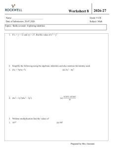 Grade 9 Math Worksheet 8: Algebraic Identities