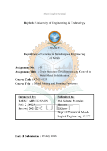 Weld Metal Solidification Assignment