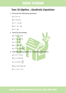 Year 10 Algebra Quadratic Equations Worksheet