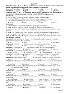 English Exam 'MY LOVE 1': Grammar & Vocabulary Questions