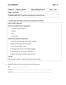 Grade 3 English Worksheet: How to Make a Paper Fan