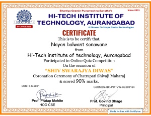 Certificate of Achievement: Shiv Swarajya Diwas Quiz Competition
