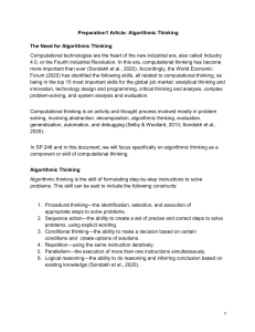 Algorithmic Thinking: A Key Computational Thinking Skill