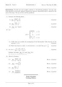 Math 21 Unit 1 Homework 1: Limits & Functions
