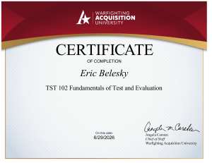 Certificate of Completion - TST 102 Fundamentals of Test and Evaluation