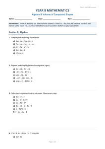 Year 8 Maths Worksheet: Algebra & Volume