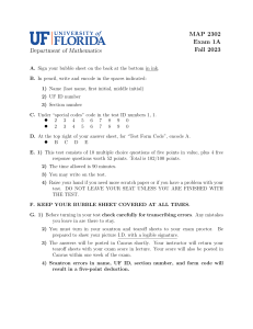 University of Florida MAP 2302 Exam 1A Fall 2023