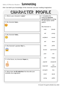 Character Profile Worksheet for Reading Skills