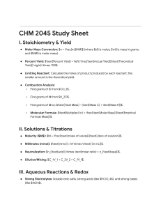 CHM 2045 Study Sheet: Stoichiometry, Solutions, Redox