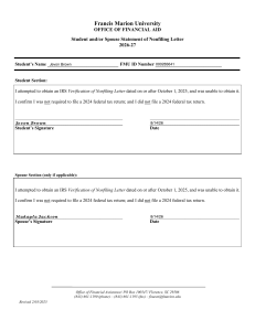 Francis Marion University Financial Aid Nonfiling Statement Form