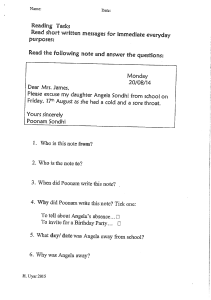 Reading Comprehension Worksheet: School Absence Note