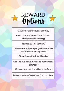 Classroom Reward Options List