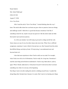 Student Reflection on 'Grow Your Brain' Article