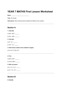 Year 7 Maths First Lesson Worksheet