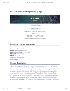 CIS 103 Syllabus: Computer Programming Logic