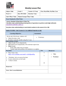 3rd Grade Math Weekly Lesson Plan: Place Value Unit